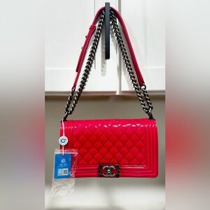 Chanel pink patent boy bag